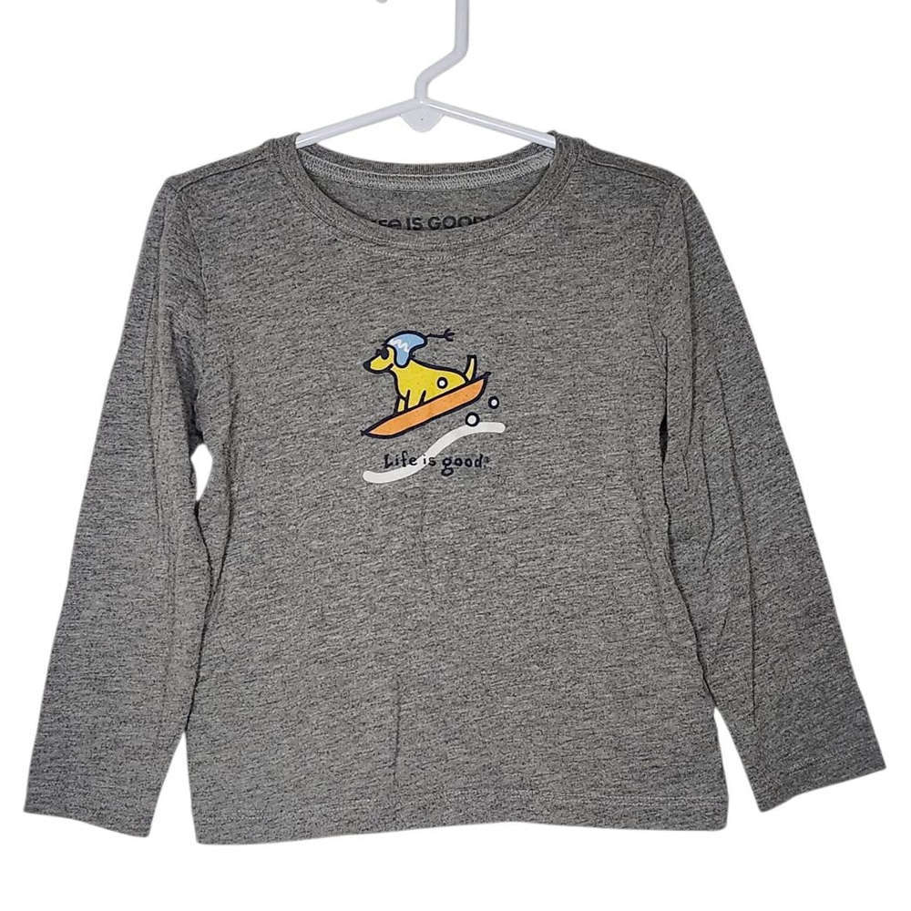 Boys Life is Good T-Shirt Size 4T Gray Long Sleeve Dog Snowboarding